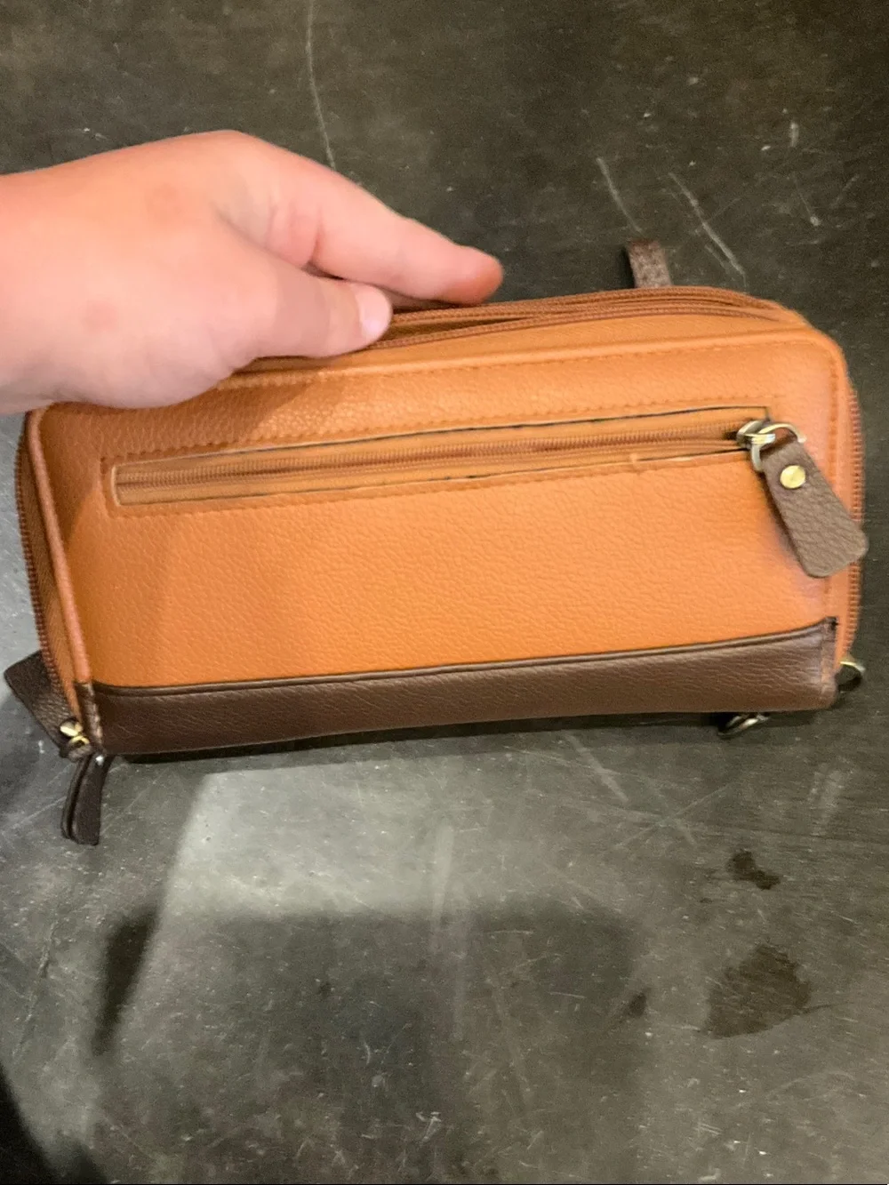Two-Tone Leather Zip Wristlet Wallet in Tan and Dark Brown